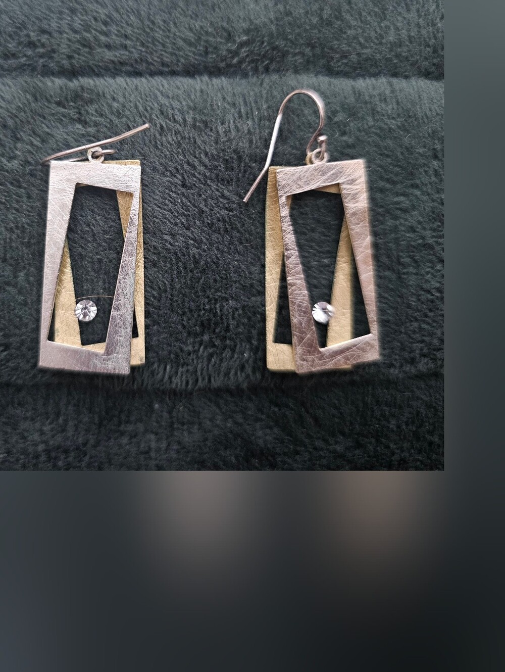 Two-Tone Rectangular Drop Earrings with Crystal Accent - Silver & Gold